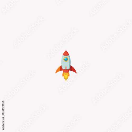 Adobe Illustrator ArtworkColorful Cartoon Rocket Ship Vector: Blue Body with Round Window and Red Fins, Launching with Flames and Smoke