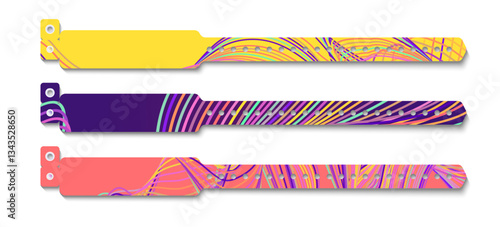 Bracelet event access colorful empty style for id fan zone or vip, party entrance, concert backstage identification, security checking, event. Mock up festival bracelet. Vector 10 eps