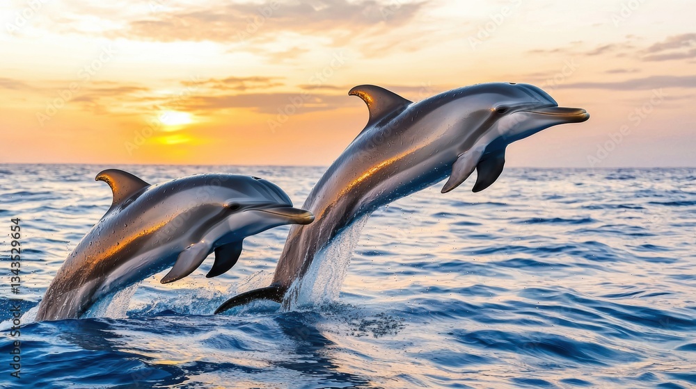 Fototapeta premium Dolphins jumping over ocean waves at sunset.