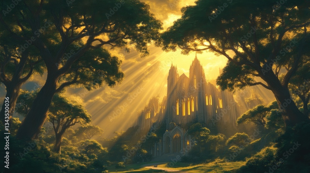 Ancient abbey bathed in golden sunlight, nestled within a lush forest. Sunlight streams through trees, illuminating a majestic stone structure