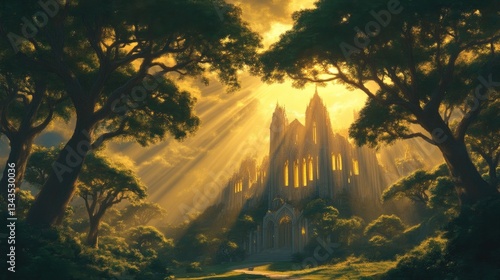 Obraz na płótnie Ancient abbey bathed in golden sunlight, nestled within a lush forest. Sunlight streams through trees, illuminating a majestic stone structure w salonie