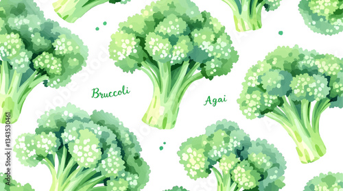 Fresh green cabbage broccoli seamless pattern. Hand drawn vector illustration, watercolor splashes background. Vegetarian eco food product, organic, vegan nutrition. For recipe book, menu cover design