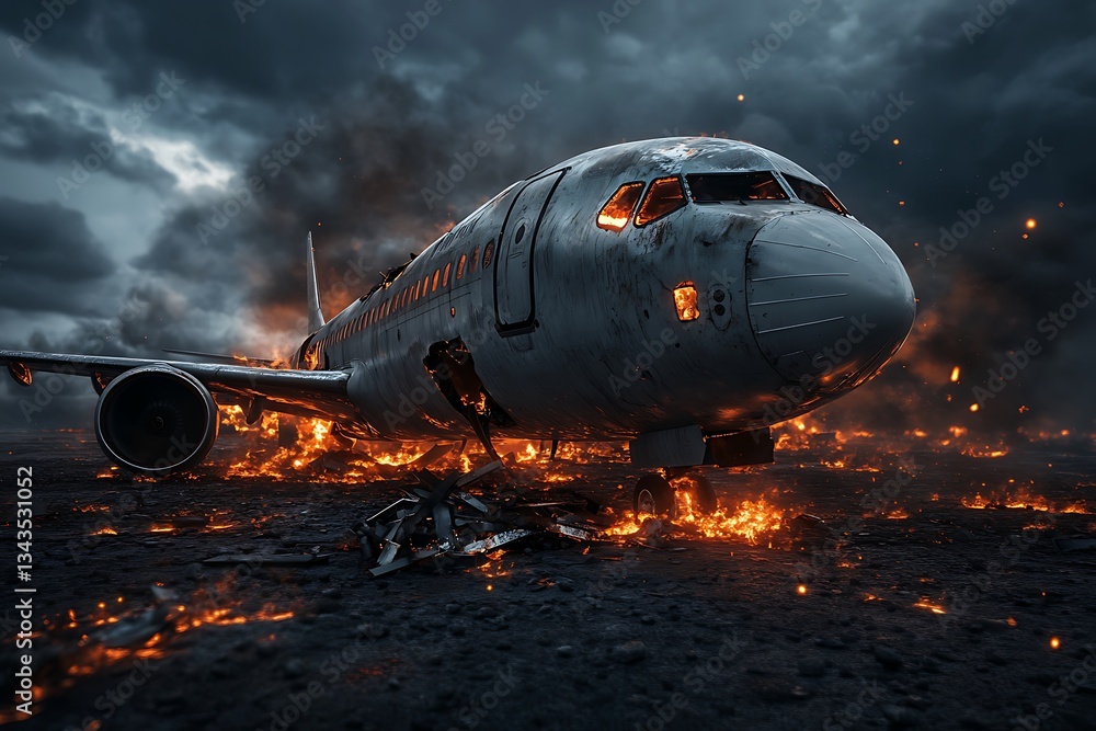 Burning airplane crashing on the ground during a dramatic night Burning airplane crashing on the ground during a dramatic night