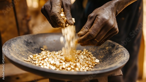 Artisan miner pouring freshly extracted gold nuggets into a traditional pan