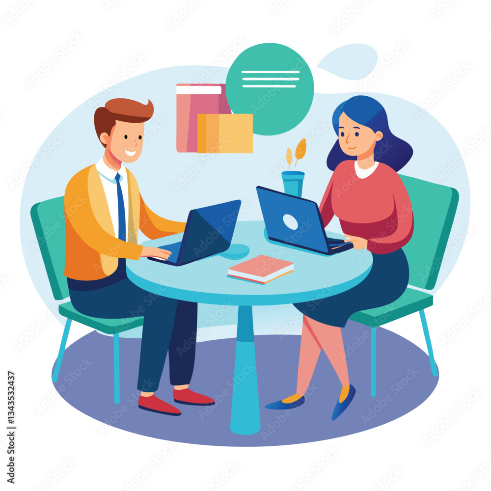 Partners meeting for business discussion with documents and laptop on desk. Couple at round table, speaking, discussing work, partnership. Flat vector illustration isolated on white background Partners meeting for business discussion with documents and laptop on desk. Couple at round table, speaking, discussing work, partnership. Flat vector illustration isolated on white background