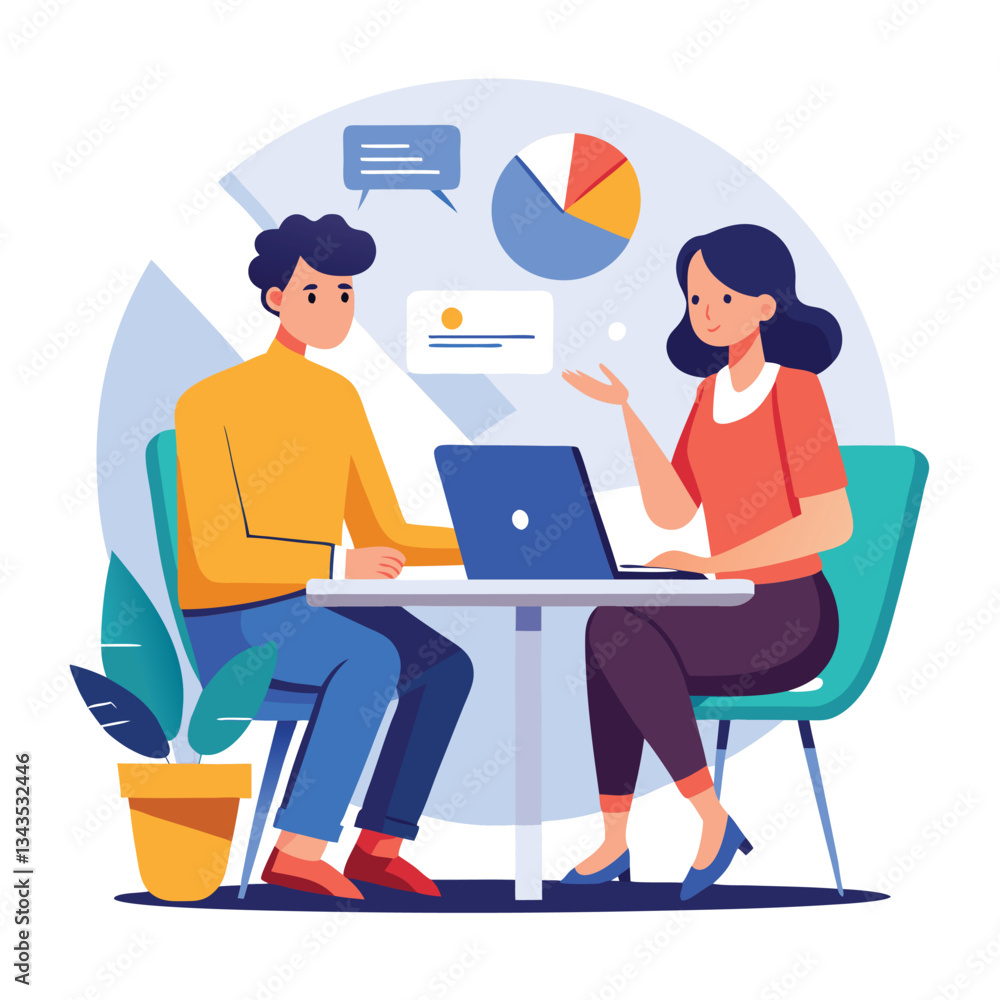 Partners meeting for business discussion with documents and laptop on desk. Couple at round table, speaking, discussing work, partnership. Flat vector illustration isolated on white background Partners meeting for business discussion with documents and laptop on desk. Couple at round table, speaking, discussing work, partnership. Flat vector illustration isolated on white background