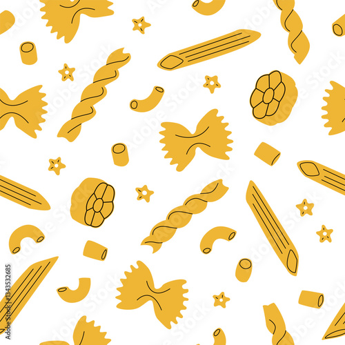 Pasta. Macaroni, farfalle, penne, fusilli, stelline, ruote, ditalini. Traditional Italian food. Various noodles types. Vector flat cartoon seamless pattern for textile, fabric, wrapping, pack