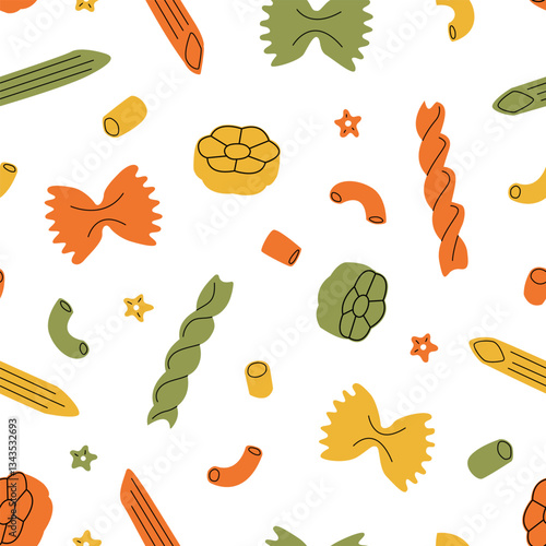 Pasta colorata. Macaroni, farfalle, penne, fusilli, stelline, ruote, ditalini. Traditional Italian food. Various noodles types. Vector flat cartoon seamless pattern for textile, fabric, wrapping, pack