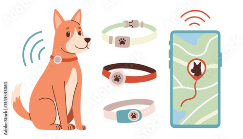 Pet GPS tracker. GPS tracking for a walking dog. A smartphone with a map shows the movement of pets. A pet tracking app. Vector flat illustration on white background.