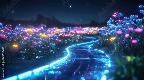 Glowing path winds through vibrant, neon-lit floral field at night.