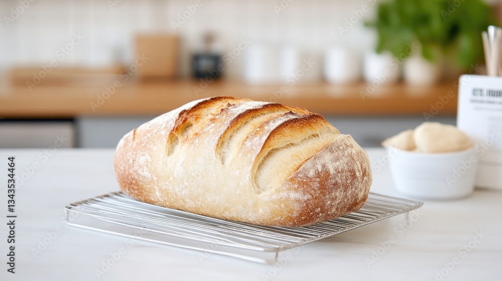 Freshly baked loaf of bread on a wire rack
