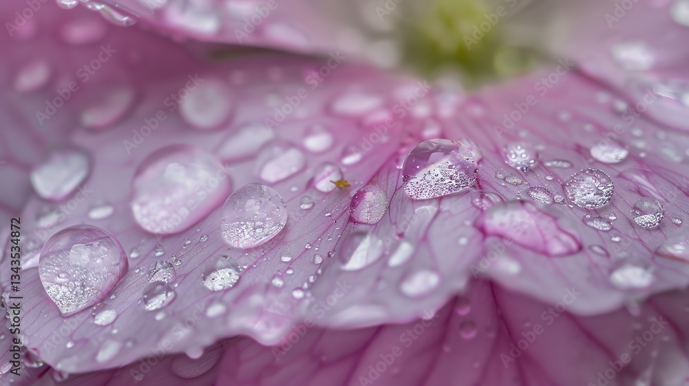 A close-up of water droplets on a pink flower petal. A close-up of water droplets on a pink flower petal.
