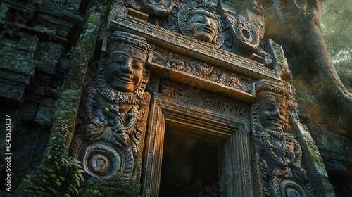 a surreal 3D photograph of an ancient temple hidden deep in the jungle, with intricate carvings standing out in sharp relief.