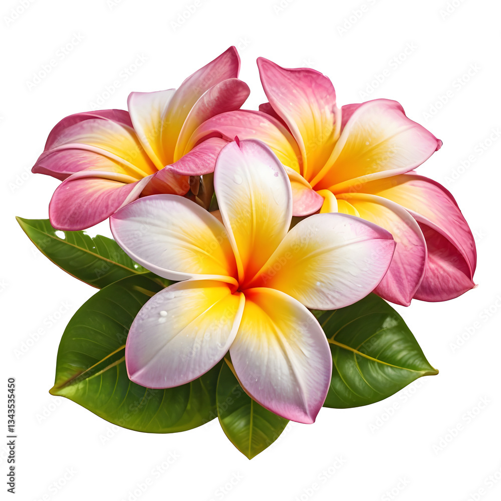 Obraz premium Pink and yellow plumeria flowers with green leaves creating a tropical atmosphere