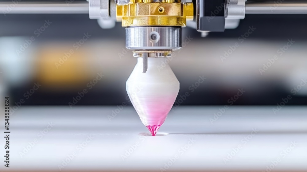 Close-up of 3D printer nozzle dispensing pink resin