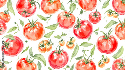 Hand Painted Tomato Pattern Seamless Watercolor Vegetable Design