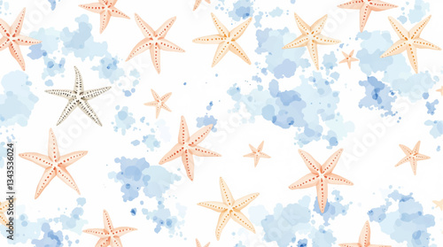 Seamless watercolor pattern of hand drawn nautilus shells and smooth sea pebbles on a white background, Watercolor pattern shells on white background	