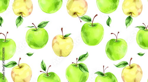 Watercolor pattern green apple white background	