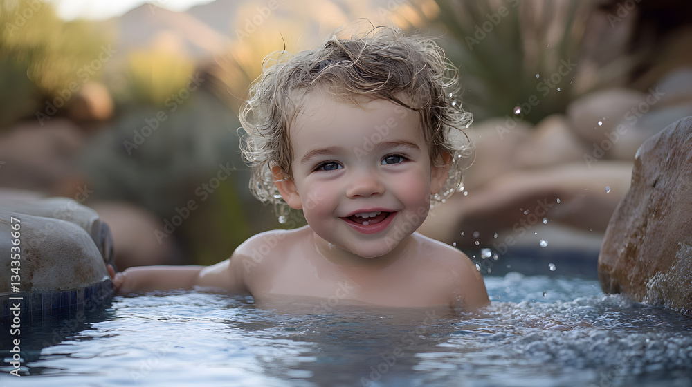 Obraz premium A happy baby joyfully splashing water in a bright sunlit pool creating moments of pure joy and innocence in a summer setting.