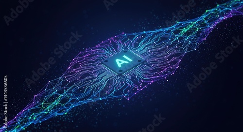 A glowing ai chip connected by networks of light on a dark blue and purple background design