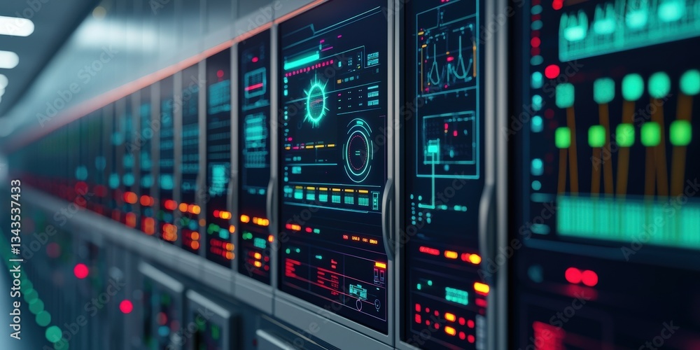 Naklejka premium smart grid power optimization concept. Futuristic server room with glowing digital interfaces and data panels.