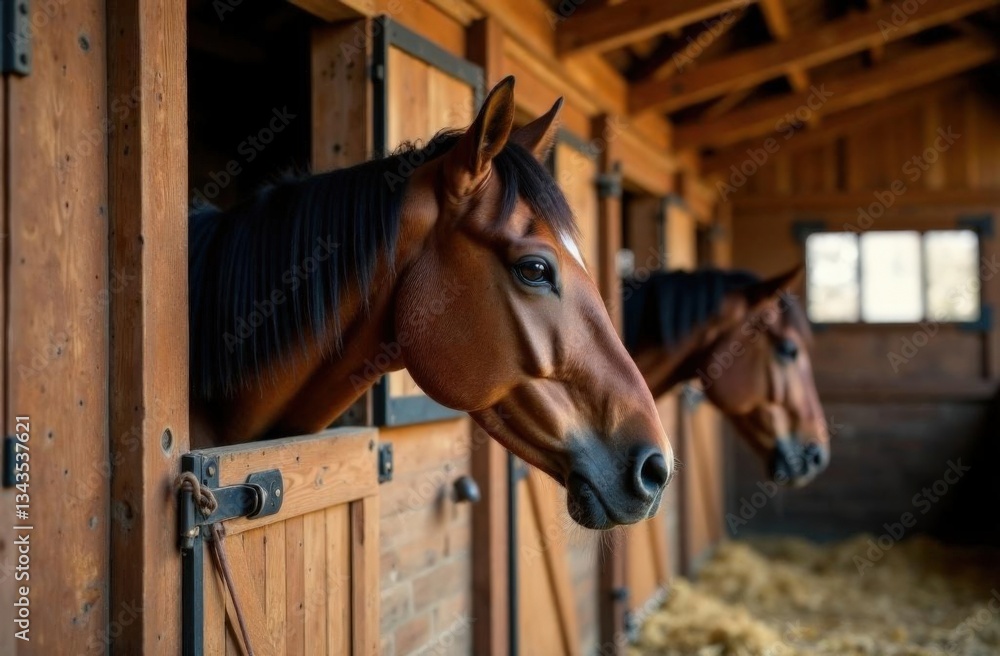Fototapeta premium Chestnut horses in stable stalls with wooden doors and straw bedding