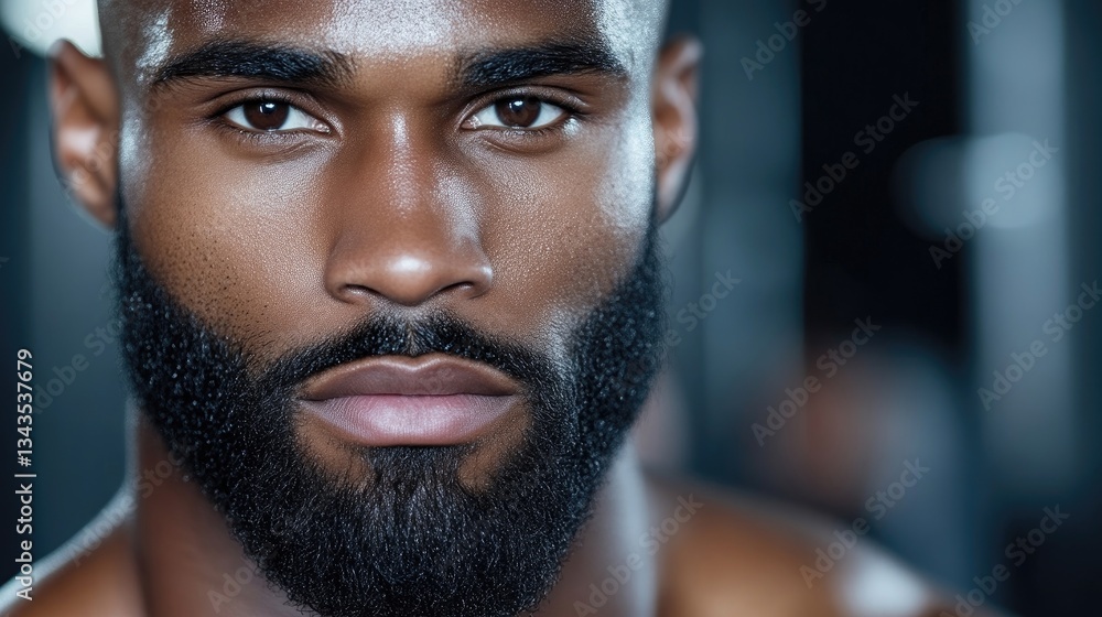 Close-up portrait of a confident man with a full beard. Strong, determined gaze. Healthy, muscular physique hinted at