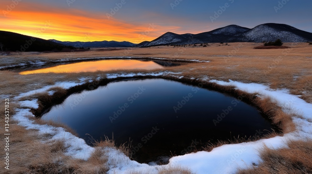 Winter sunrise over mountain ponds