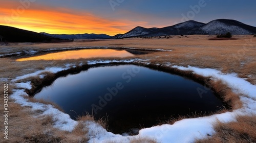 Obraz na płótnie Winter sunrise over mountain ponds w salonie