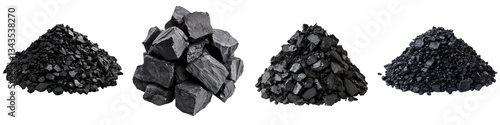 An arrangement of various piles and formations of black coal and charcoal mineral deposits a natural and combustible energy resource used for heating and industrial purposes