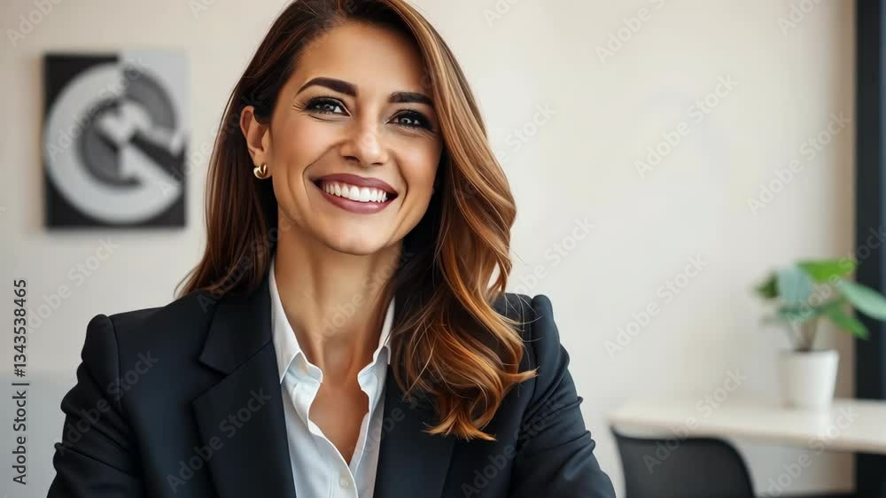 Portrait of a Smiling Businesswoman in a Modern Office Setting. She wears a Black Blazer over a White Shirt and has Long Brown Wavy Hair. The Background is Neutral with Bright Lighting Portrait of a Smiling Businesswoman in a Modern Office Setting. She wears a Black Blazer over a White Shirt and has Long Brown Wavy Hair. The Background is Neutral with Bright Lighting