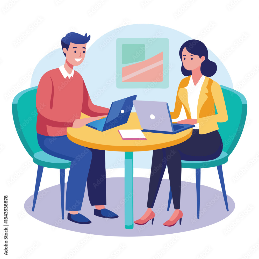 Partners meeting for business discussion with documents and laptop on desk. Couple at round table, speaking, discussing work, partnership. Flat vector illustration isolated on white background Partners meeting for business discussion with documents and laptop on desk. Couple at round table, speaking, discussing work, partnership. Flat vector illustration isolated on white background