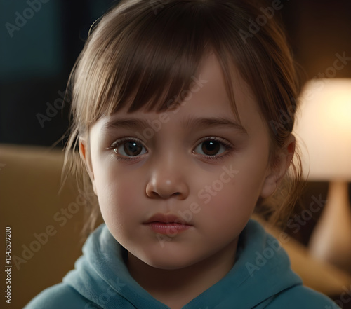 Portrait of serious pensive little girl looking at camera with brown eyes and light brown hair