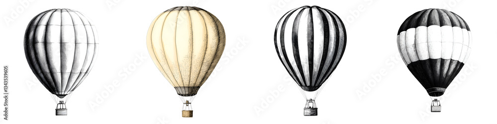 Obraz premium A collection of whimsical retro inspired hot air balloons in a variety of striped patterns and colors soar gracefully through the clouds evoking a sense of nostalgia