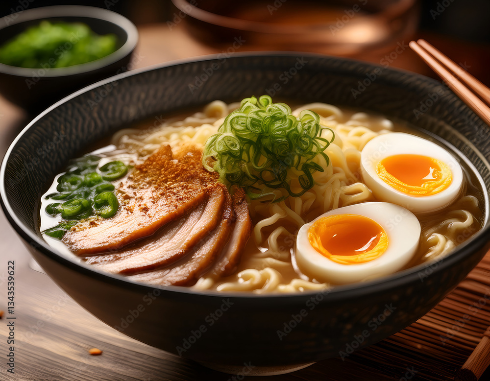 Close-up of a bowl of ramen with chopsticks lifting steaming noodles, showcasing rich broth, fresh toppings Close-up of a bowl of ramen with chopsticks lifting steaming noodles, showcasing rich broth, fresh toppings