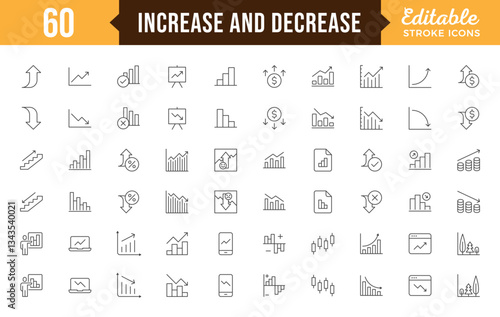 Increase and Decrease line Editable Icons set. Graph, Diagram, business growth, finance, economy, statistics, summary, profit, pictogram, fall, arrow up, down