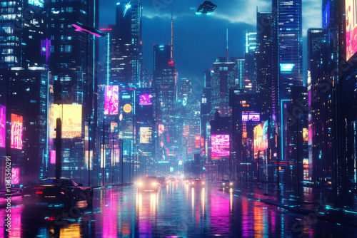 Wallpaper Mural A futuristic 3D background of a neon-lit cyber cityscape at midnight, with flying cars zooming between towering skyscrapers. The wet streets reflect vibrant holographic billboards, while distant Torontodigital.ca