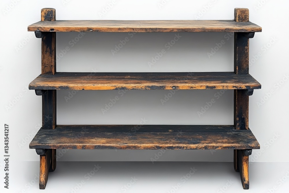 Rustic wooden shelf with three tiers showcasing a vintage design suitable for various interior styles Rustic wooden shelf with three tiers showcasing a vintage design suitable for various interior styles