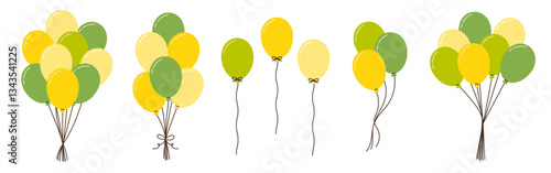 Set of monochrome green helium air balloons bunch flying up on strings in minimalistic style