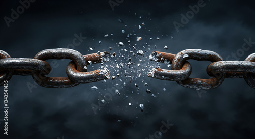 Rusty bold metal chain weakest link breaks apart,  debris flying. Freedom, strength, weakness, resistance, rebellion, breaking barriers concept. High-speed photography, dramatic close-up dark backdrop