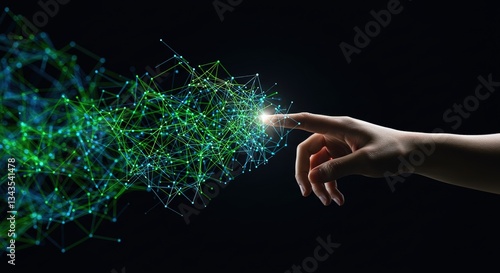 A hand touching a glowing green and blue network of interconnected points on a black background