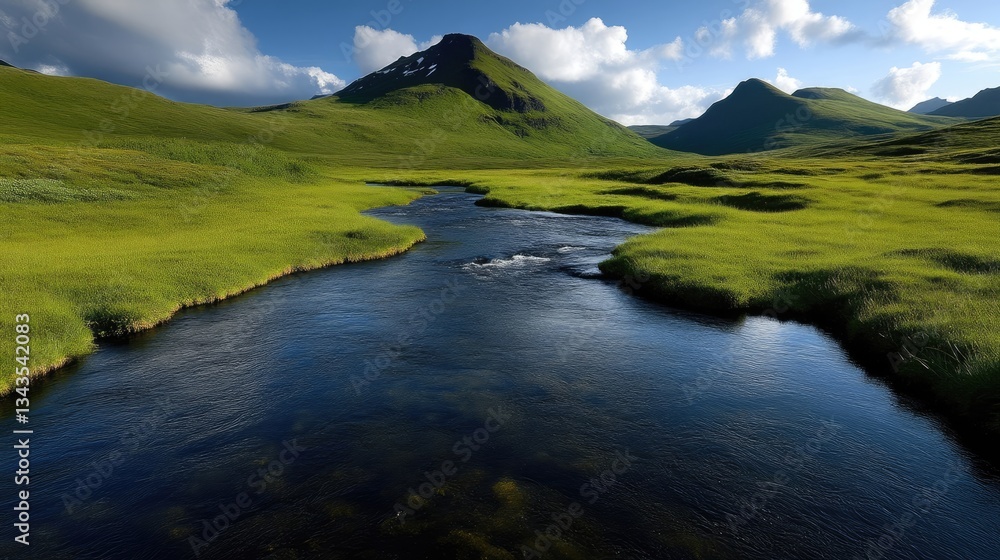 Serene mountain stream flowing through lush green valley. Clear water reflecting the sky. Picturesque, verdant landscape with peaks