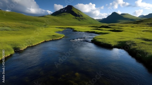 Obraz na płótnie Serene mountain stream flowing through lush green valley. Clear water reflecting the sky. Picturesque, verdant landscape with peaks w salonie