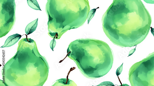 Watercolor green pears and leaves seamless pattern on a white background.	