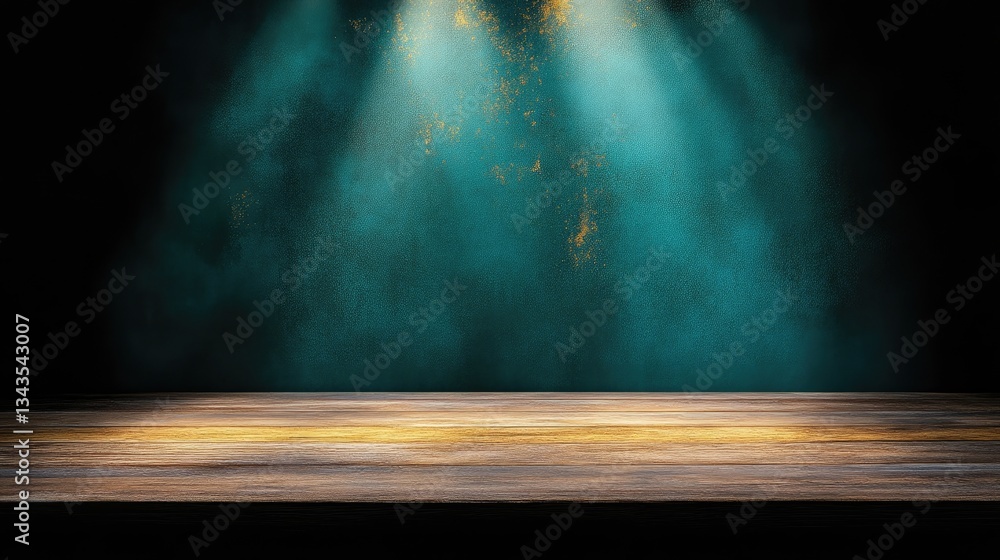 Wooden tabletop with teal background and spotlights