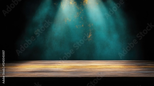 Obraz na płótnie Wooden tabletop with teal background and spotlights w salonie