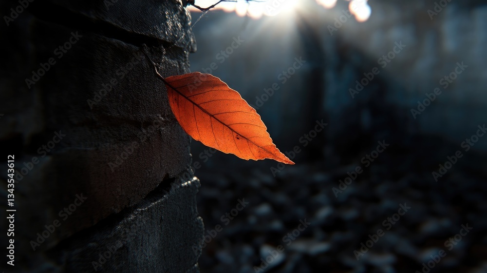 Autumnal leaf clinging to a weathered brick wall. Sunlight streams through the background