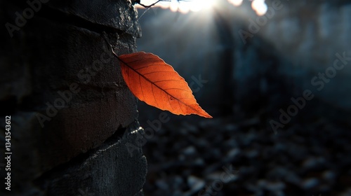 Obraz na płótnie Autumnal leaf clinging to a weathered brick wall. Sunlight streams through the background w salonie