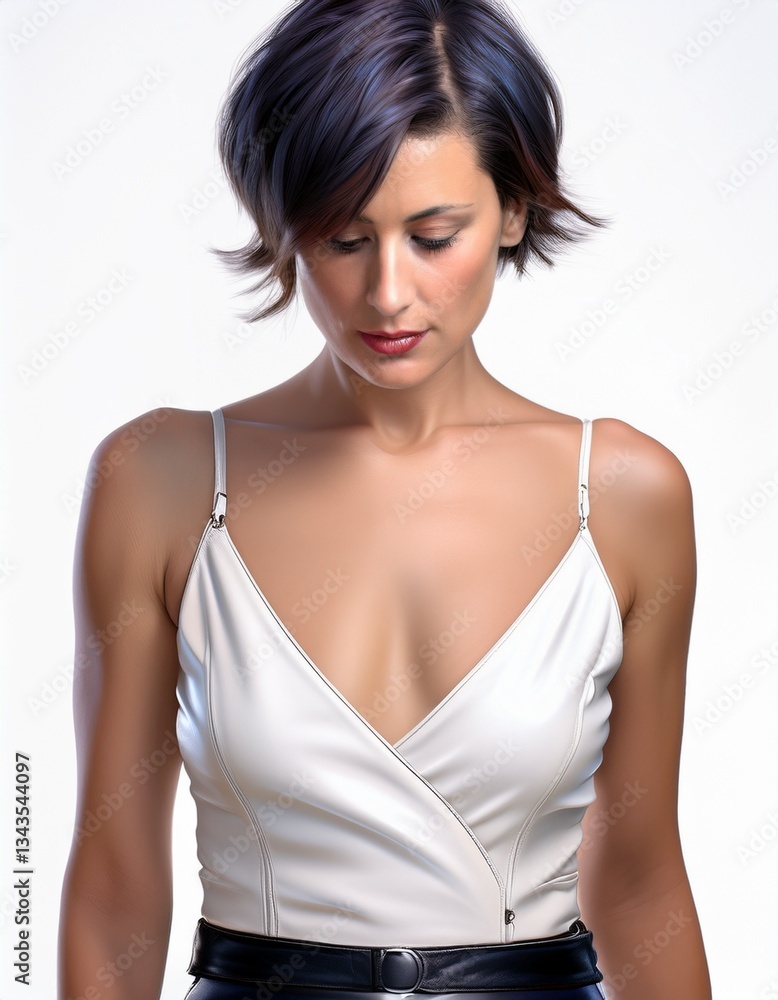 studio portrait of a brunette woman with short hair looking down wearing a low cut white top with nude shoulders on a white background, fashion photography studio portrait of a brunette woman with short hair looking down wearing a low cut white top with nude shoulders on a white background, fashion photography