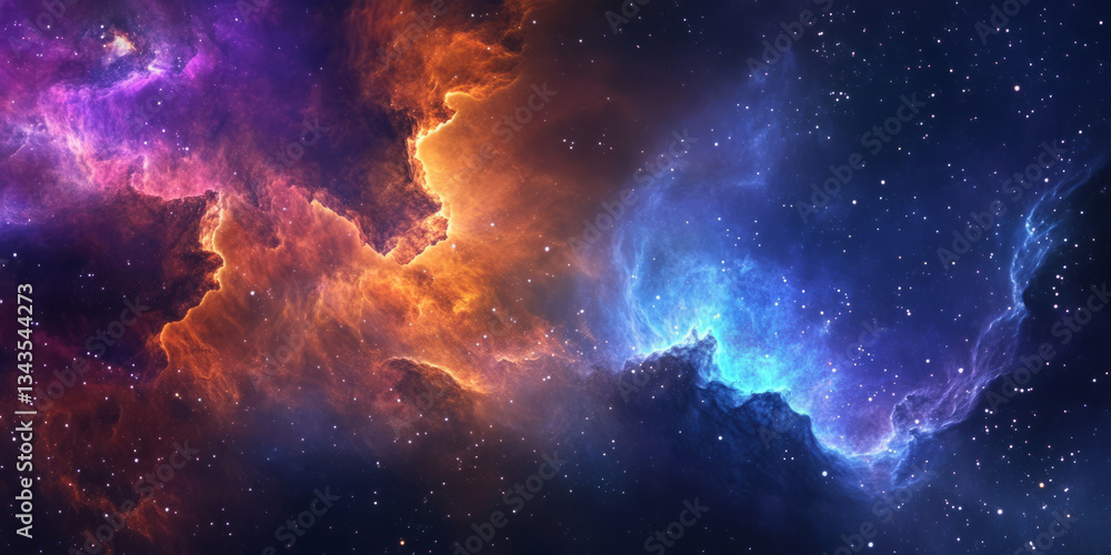 Fototapeta premium A cosmic 3D background depicting an immense galactic nebula swirling with vibrant hues of deep purple, electric blue, and fiery orange. The countless stars scattered throughout the expanse create a